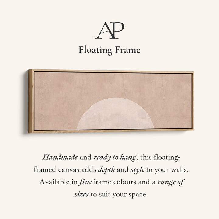 Corner detail of the Panoramic Wall Art Blush Rising Moon Minimalist for Bedroom canvas in a floating frame