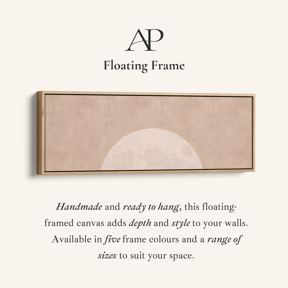 Corner detail of the Panoramic Wall Art Blush Rising Moon Minimalist for Bedroom canvas in a floating frame