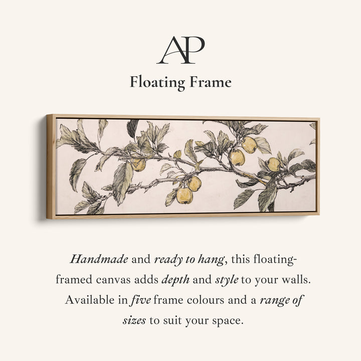 Corner detail of the Apple Branch Sketch Long Wall Art Vintage Botanical for Kitchen canvas in a floating frame