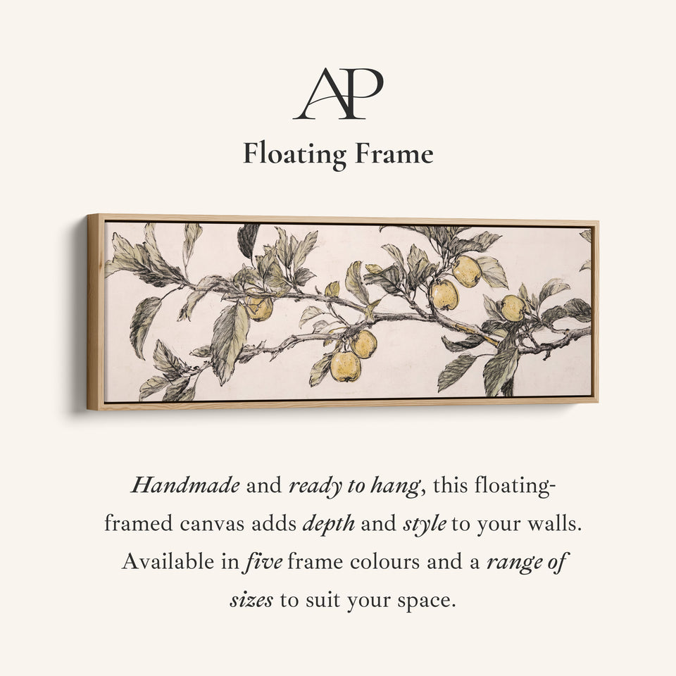 Corner detail of the Apple Branch Sketch Long Wall Art Vintage Botanical for Kitchen canvas in a floating frame