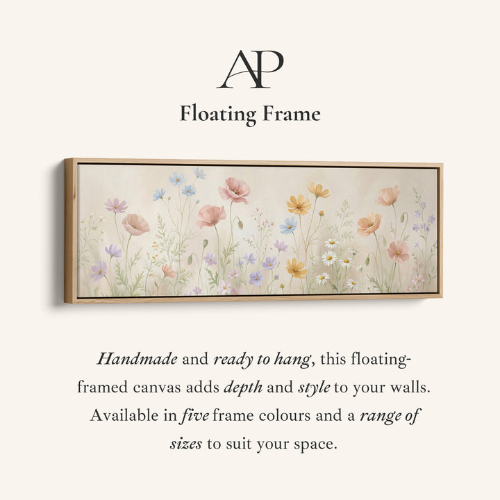 Pastel Wildflowers On Beige Background Large Wall Art Panoramic Canvas Print Bedroom