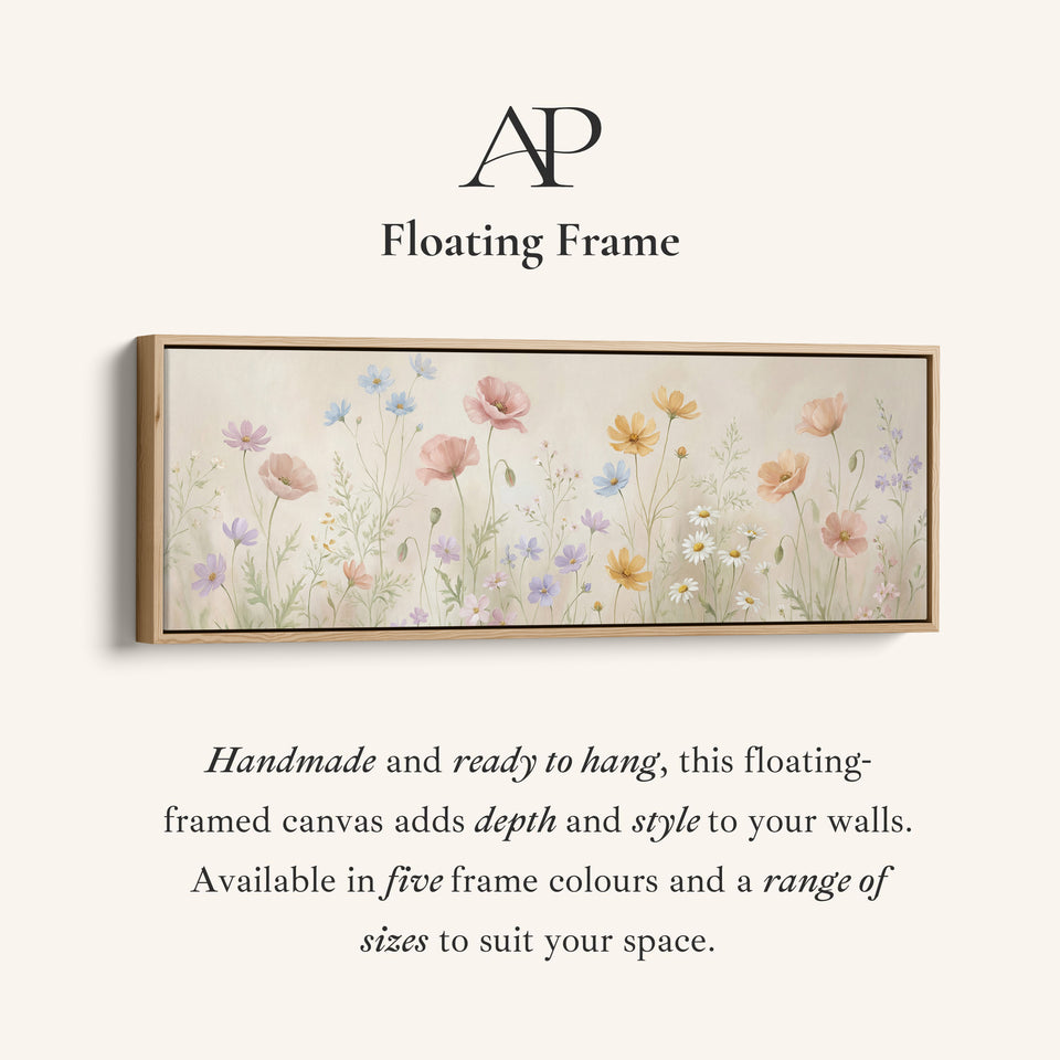 Pastel Wildflowers On Beige Background Large Wall Art Panoramic Canvas Print Bedroom