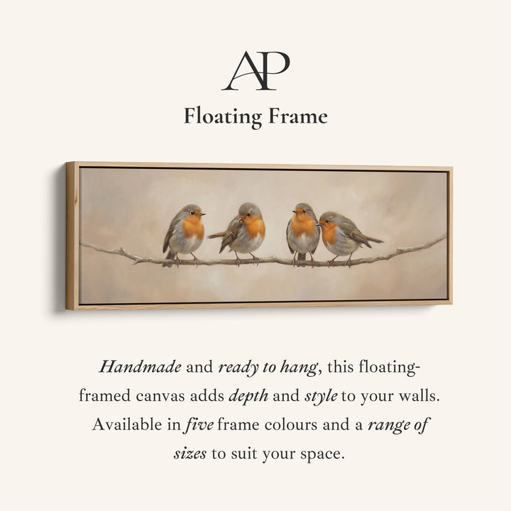 Four Robins On Branch Long Wall Art Panoramic Canvas Print Living Room