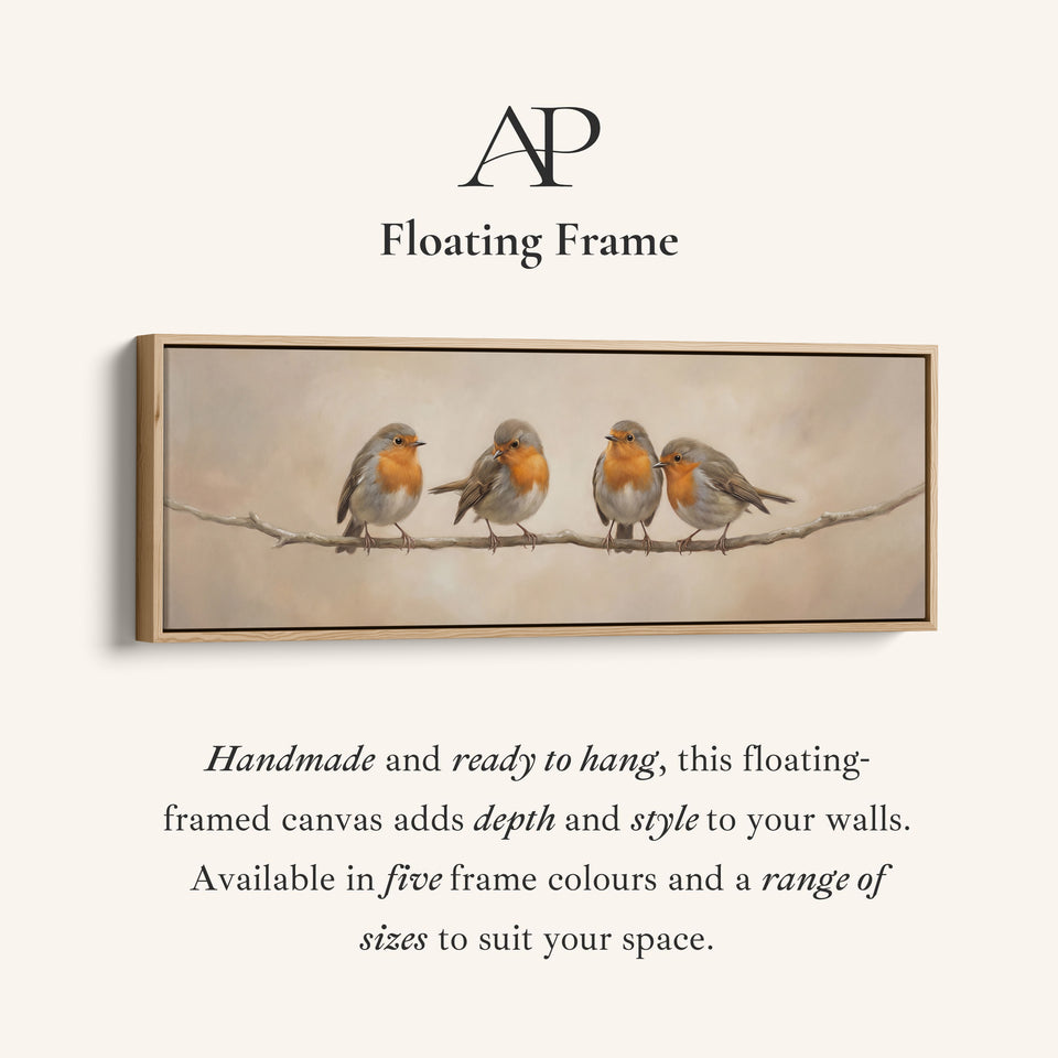 Four Robins On Branch Long Wall Art Panoramic Canvas Print Living Room