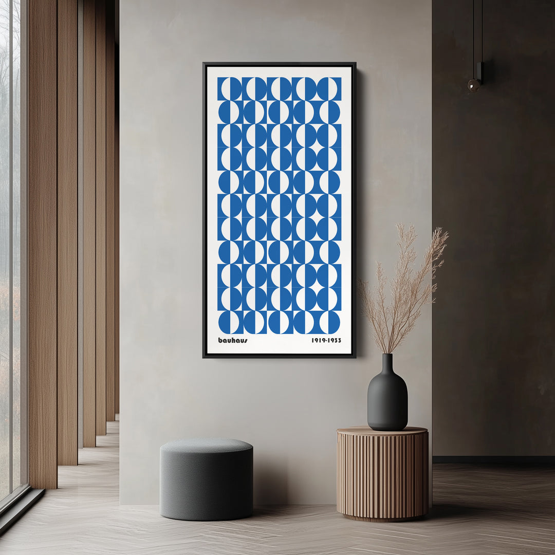 Bauhaus Vertical Wall Art Blue Circle Pattern Tall Canvas For Office