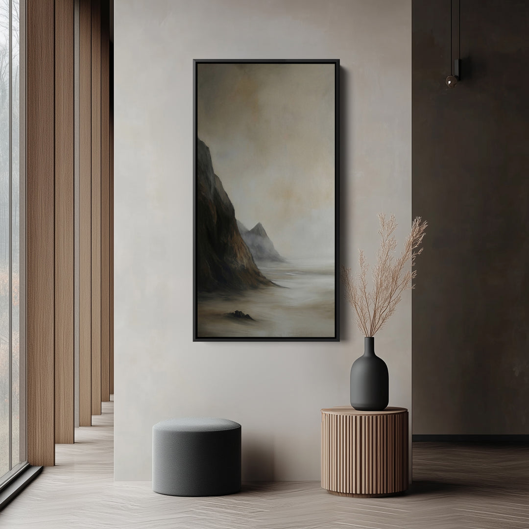 Tall Framed Canvas Misty Coastal Cliffs Vertical Canvas For Hallway