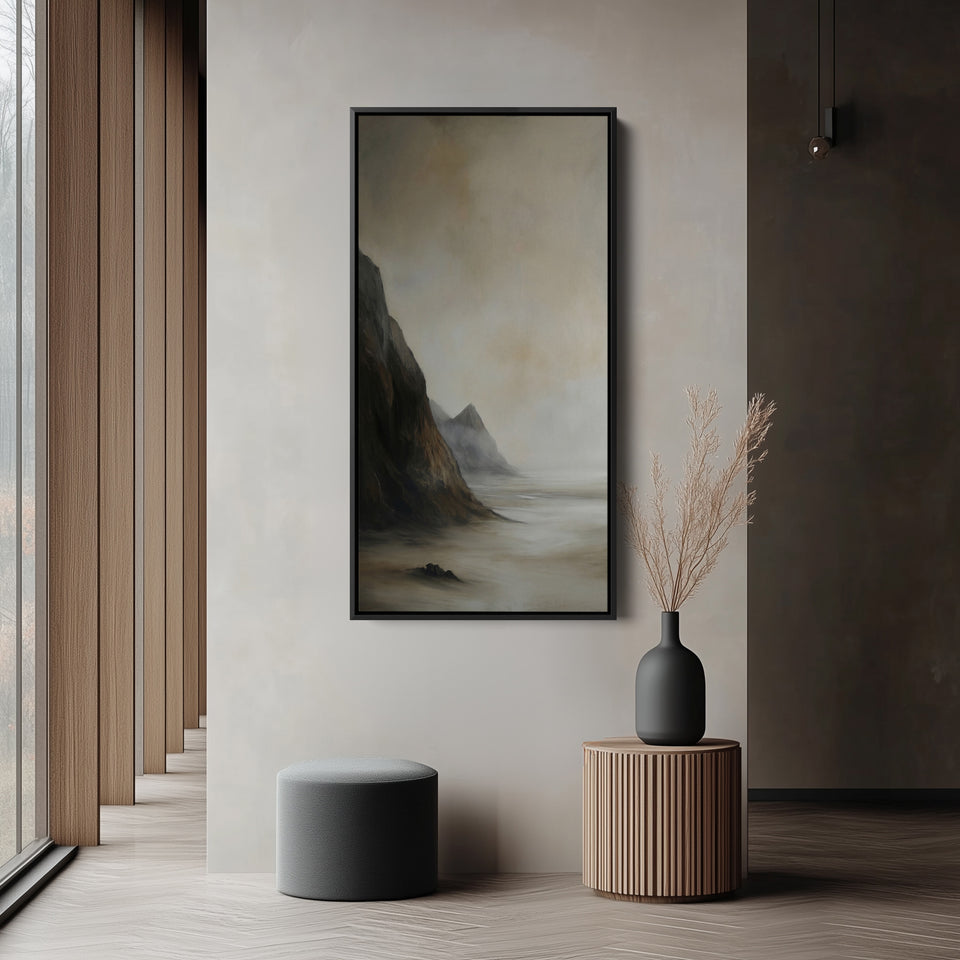 Tall Framed Canvas Misty Coastal Cliffs Vertical Canvas For Hallway