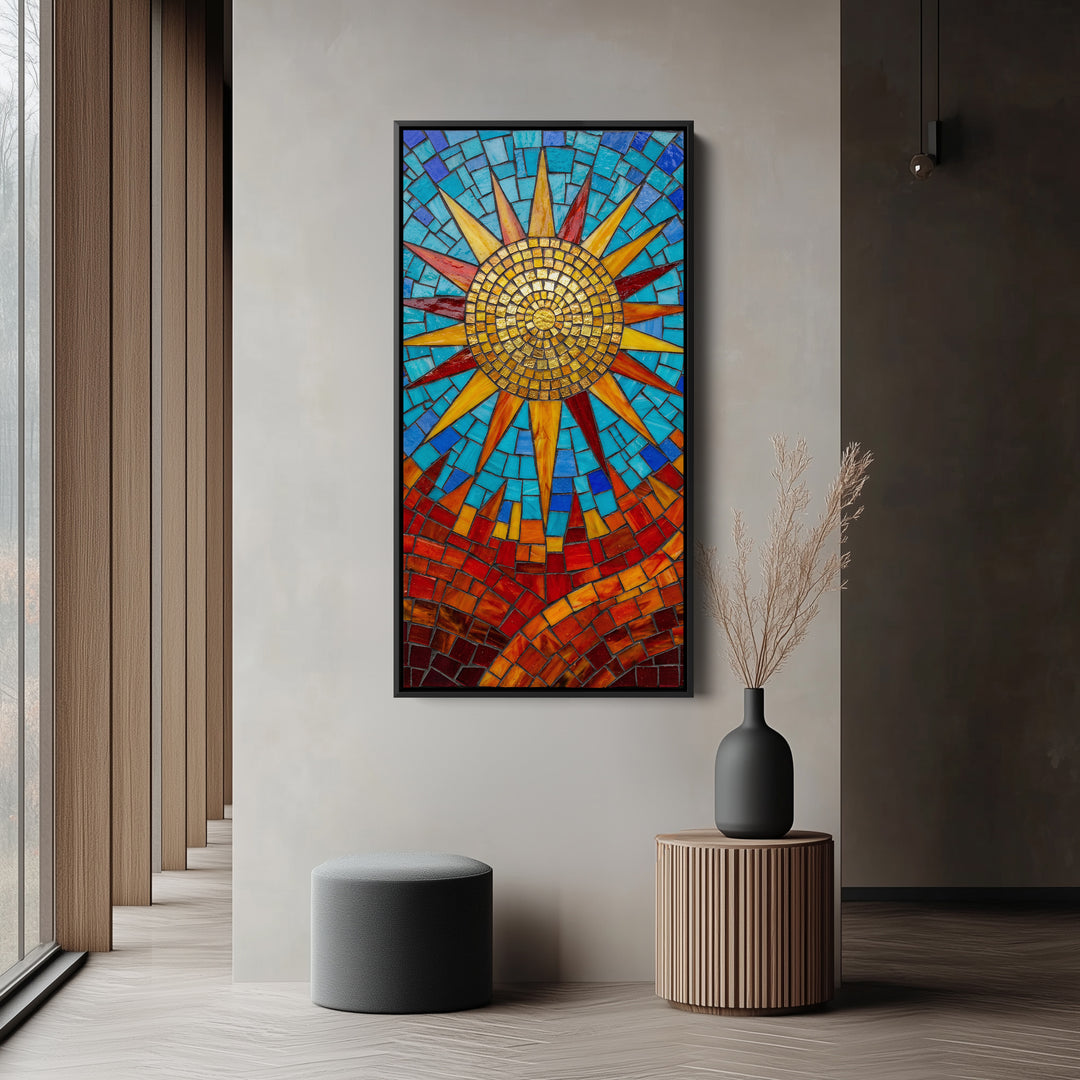 Mosaic Sun Tall Framed Canvas Vertical Canvas For Bedroom