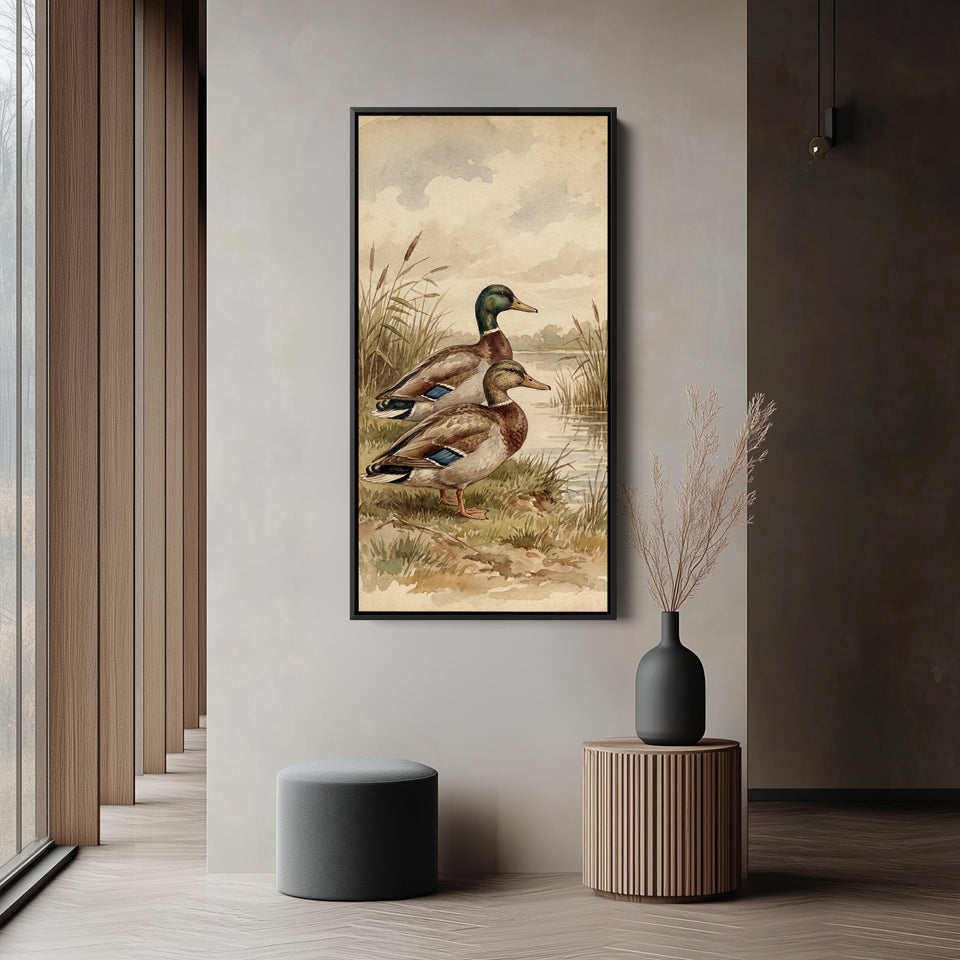 Mallard Ducks Riverbank Narrow Wall Art Vertical Canvas For Kitchen