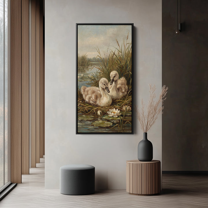 Swan Cygnets Pond Tall Narrow Canvas Vertical Canvas For Bedroom