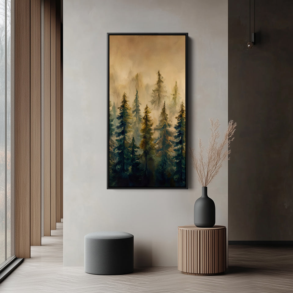 Misty Pine Forest Long Wall Art Tall Canvas For Living Room