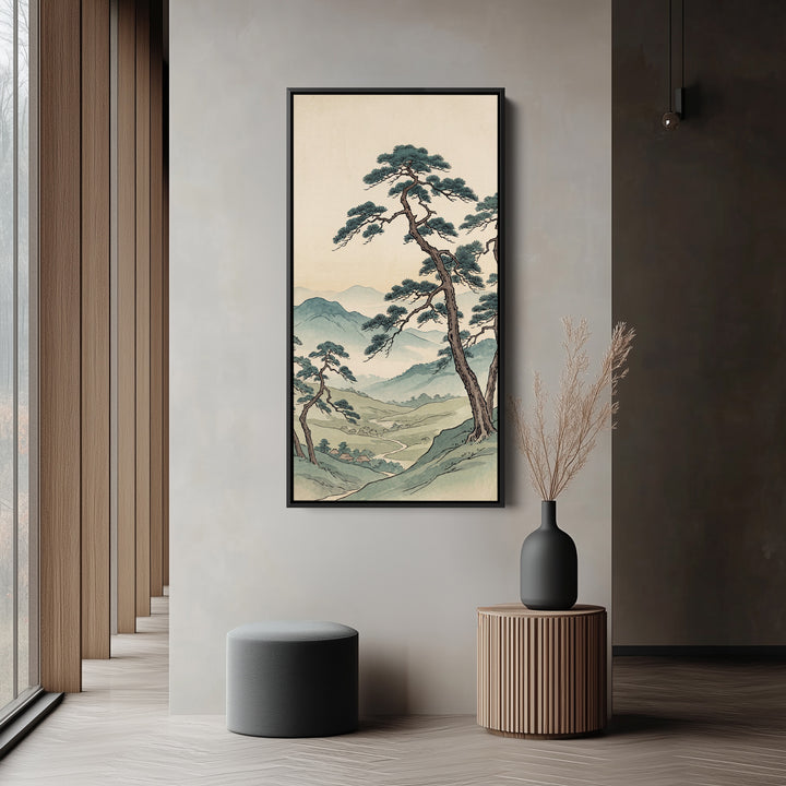 Narrow Japanese Wall Art Pine Tree Valley Vertical Canvas For Living Room