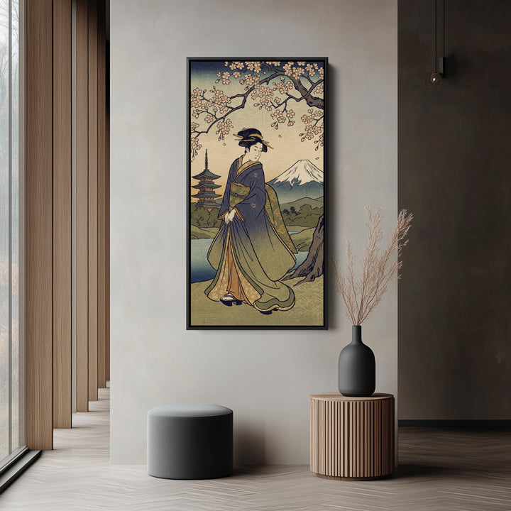 Tall Narrow Canvas Geisha Cherry Blossom Vertical Canvas For Office