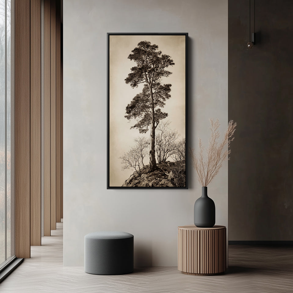 Vertical Wall Art Lone Tree On Rocky Hill Tall Canvas For Living Room