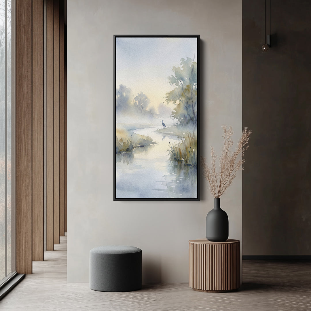 Narrow Wall Art Watercolour River Landscape Vertical Canvas For Bedroom