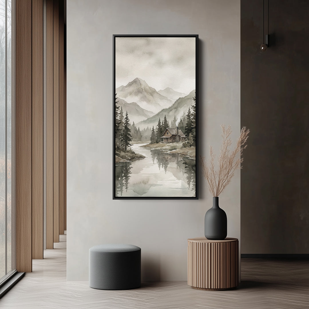 Vertical Wall Art Misty Mountain Lake Cabin Tall Canvas For Living Room