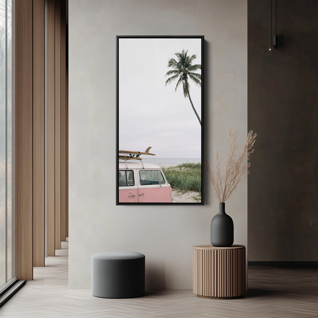 Surf Van And Palm Tree Narrow Wall Art Framed Canvas Print For Bedroom