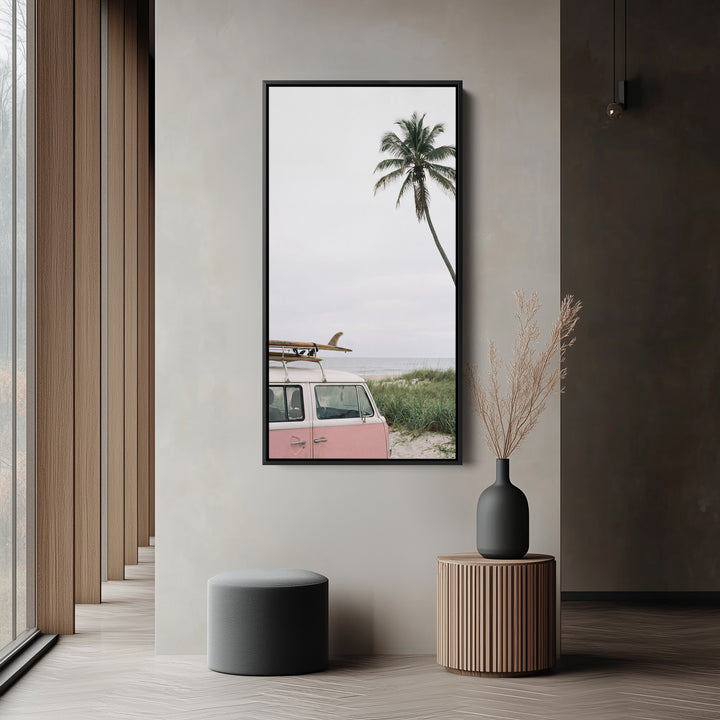 Surf Van And Palm Tree Narrow Wall Art Framed Canvas Print For Bedroom
