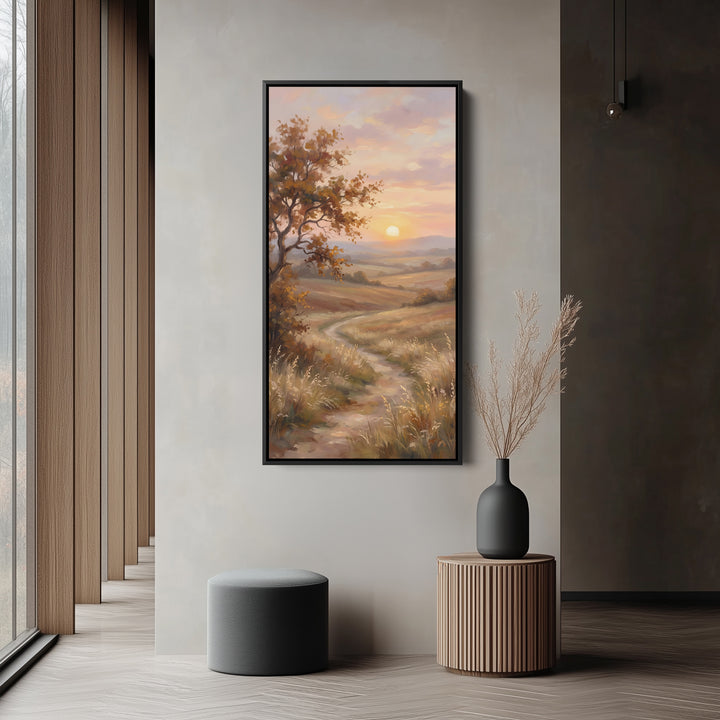 Autumn Tree Sunset Path Tall Framed Canvas Framed Canvas Print For Bedroom