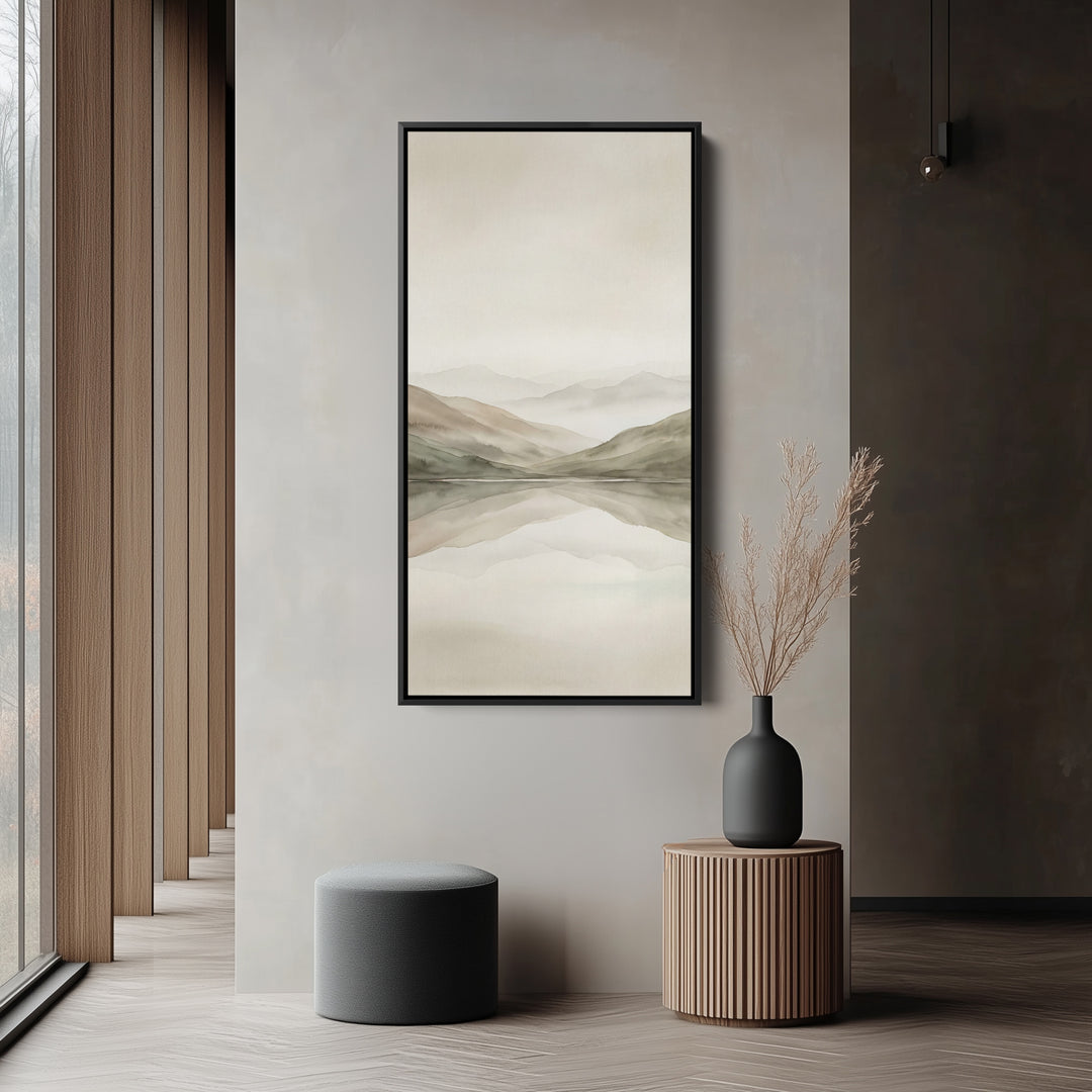 Minimal Misty Mountains Reflection Tall Narrow Canvas Framed Canvas Print For Bedroom