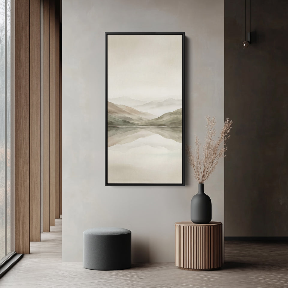Minimal Misty Mountains Reflection Tall Narrow Canvas Framed Canvas Print For Bedroom