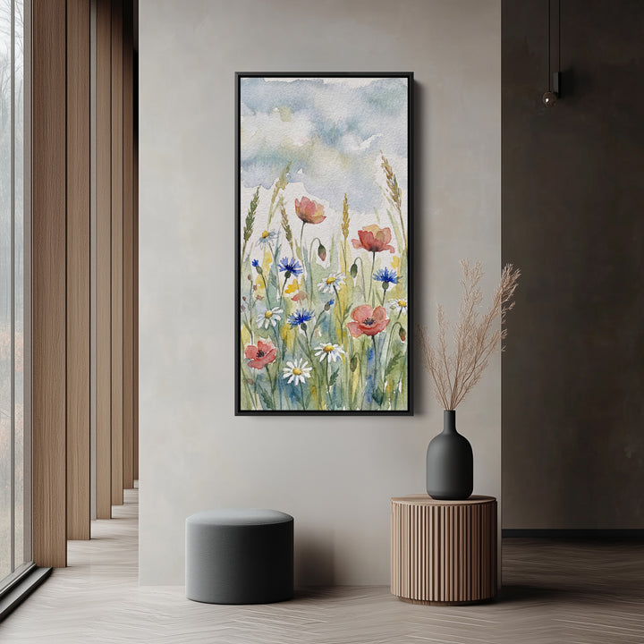 Tall Canvas Large Vertical Wall Art Watercolour Wildflowers And Poppies For Hallway