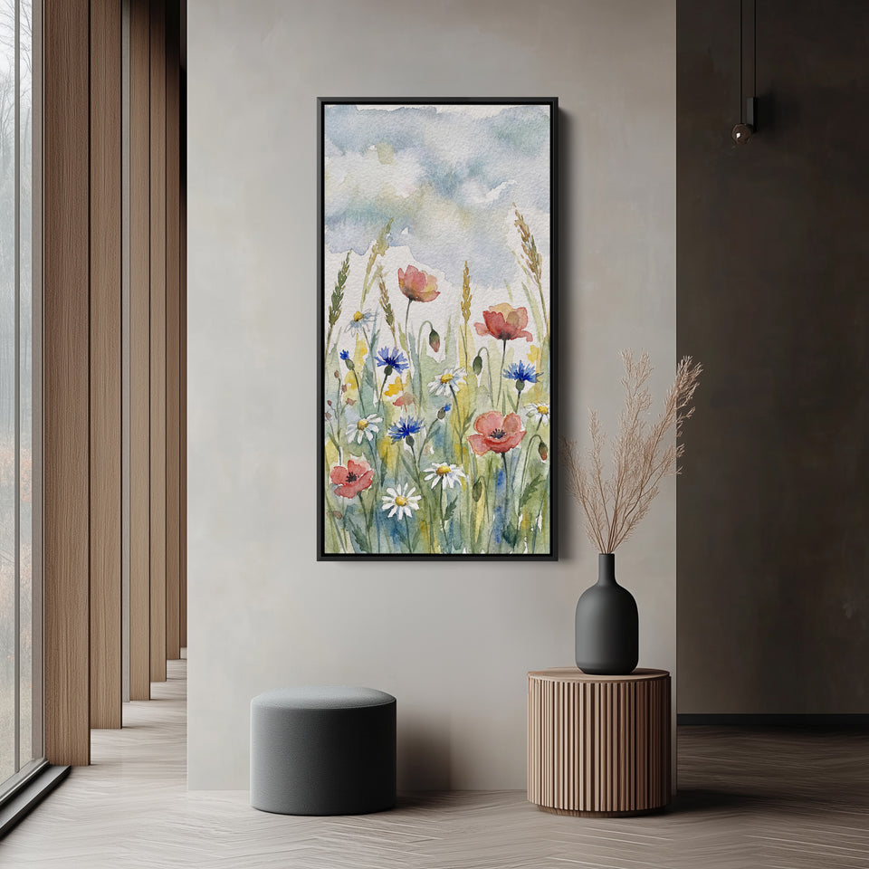 Tall Canvas Large Vertical Wall Art Watercolour Wildflowers And Poppies For Hallway