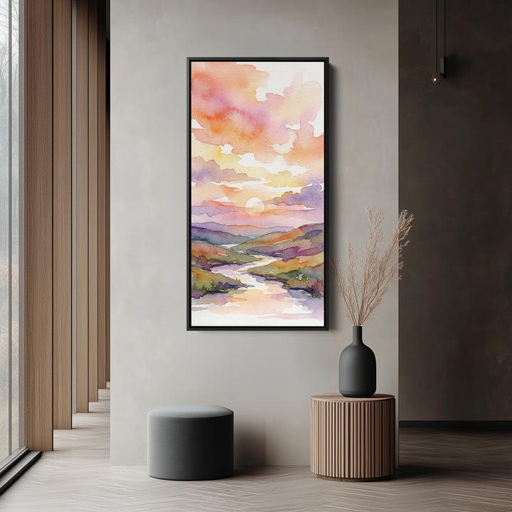 Portrait Wall Art For Office Watercolour Sunset Over River Vertical Canvas