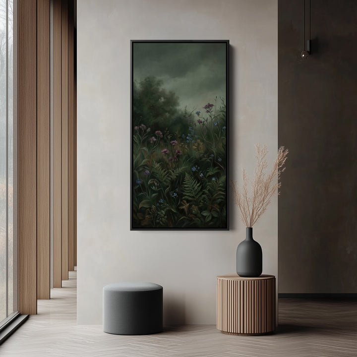 Large Vertical Wall Art Tall Framed Canvas Dark Forest Flowers And Ferns For Hallway