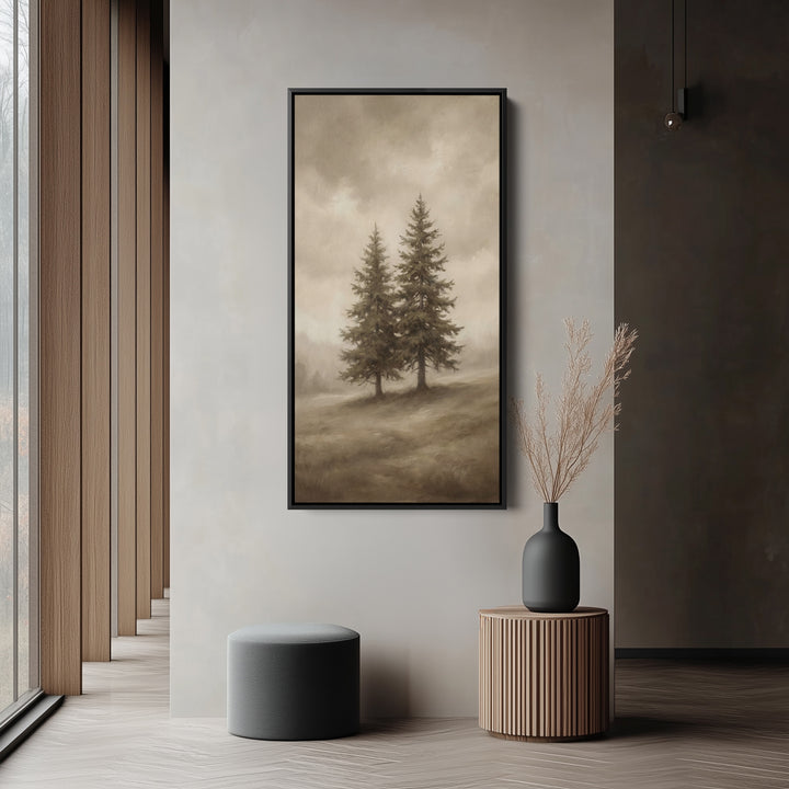 Narrow Wall Art Two Pine Trees In Fog Tall Canvas For Living Room