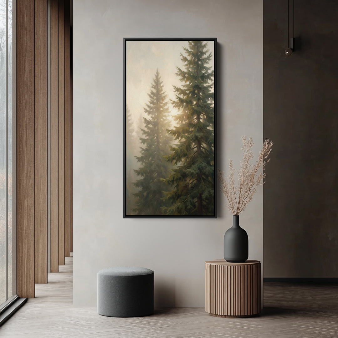 Evergreen Trees In Haze Tall Wall Art Framed Canvas Print For Bedroom