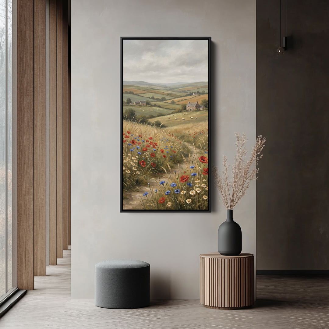 Portrait Wall Art Countryside Hills With Wildflowers Large Vertical Wall Art For Office