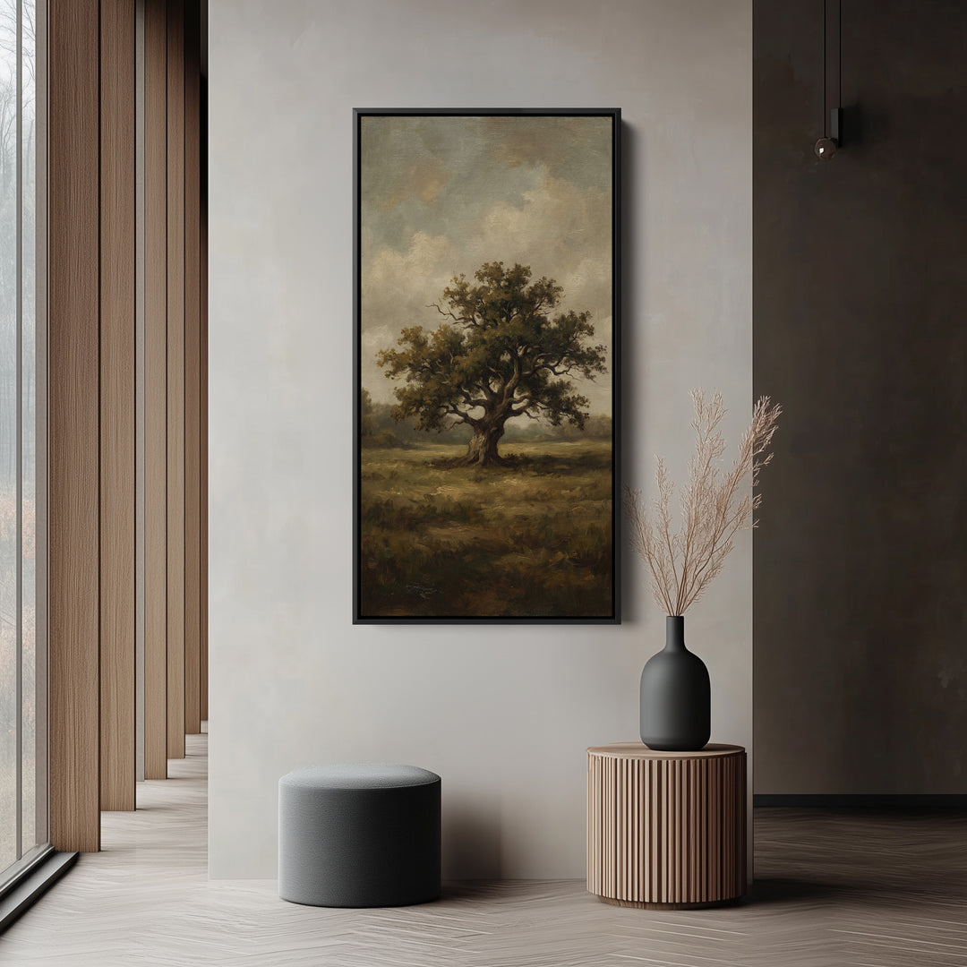 Lone Tree In Field Large Vertical Wall Art Framed Canvas Print For Bedroom