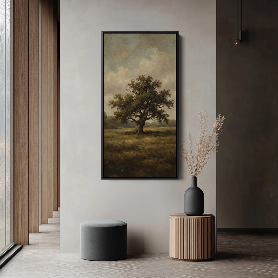 Lone Tree In Field Large Vertical Wall Art Framed Canvas Print For Bedroom