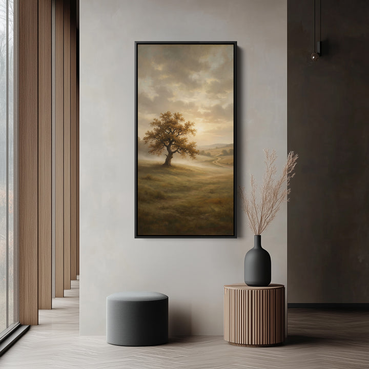 Lone Tree Misty Landscape Narrow Wall Art Framed Canvas Print For Bedroom