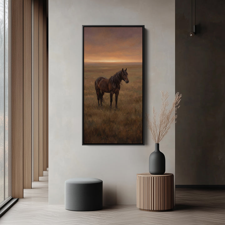 Vertical Wall Art For Bedroom Horse In Sunset Field Vertical Canvas