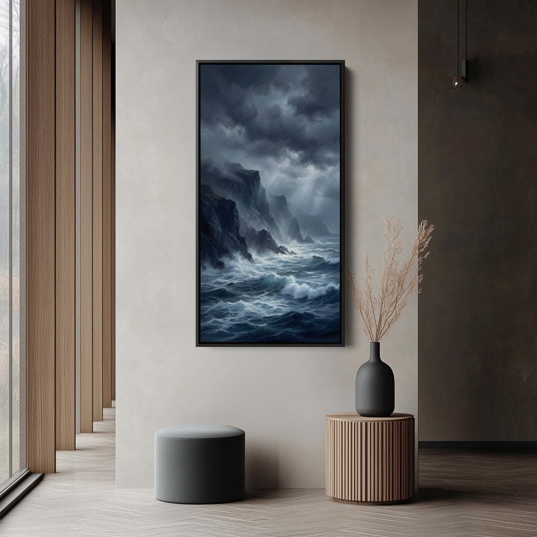 Tall Canvas Large Vertical Wall Art Stormy Sea And Cliffs For Hallway
