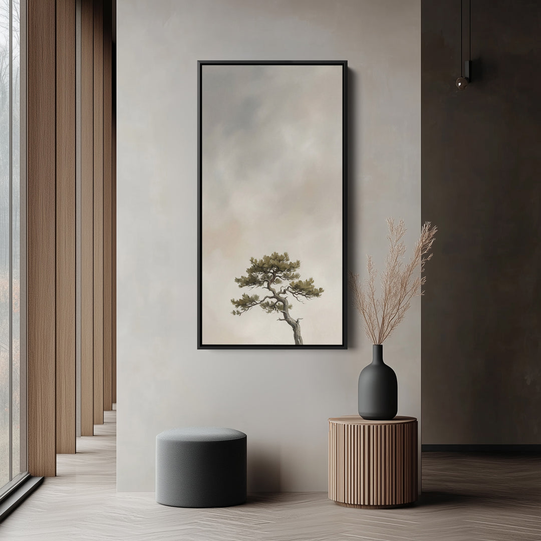 Tall Framed Canvas Windswept Tree In Fog Portrait Wall Art For Kitchen