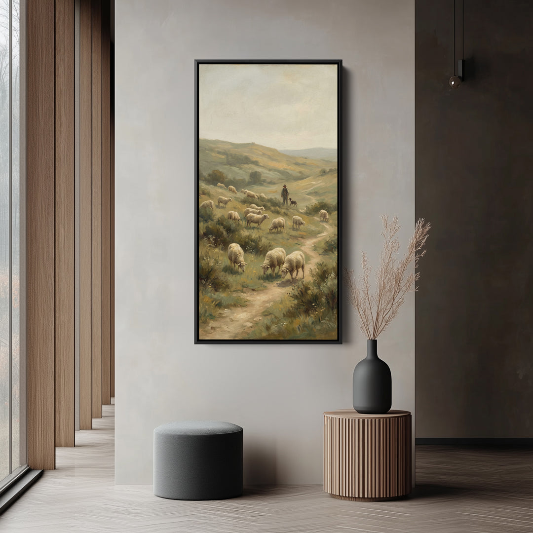 Shepherd With Sheep Hillside Vertical Wall Art Framed Canvas Print For Office