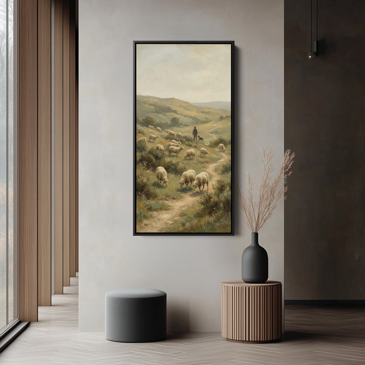 Shepherd With Sheep Hillside Vertical Wall Art Framed Canvas Print For Office