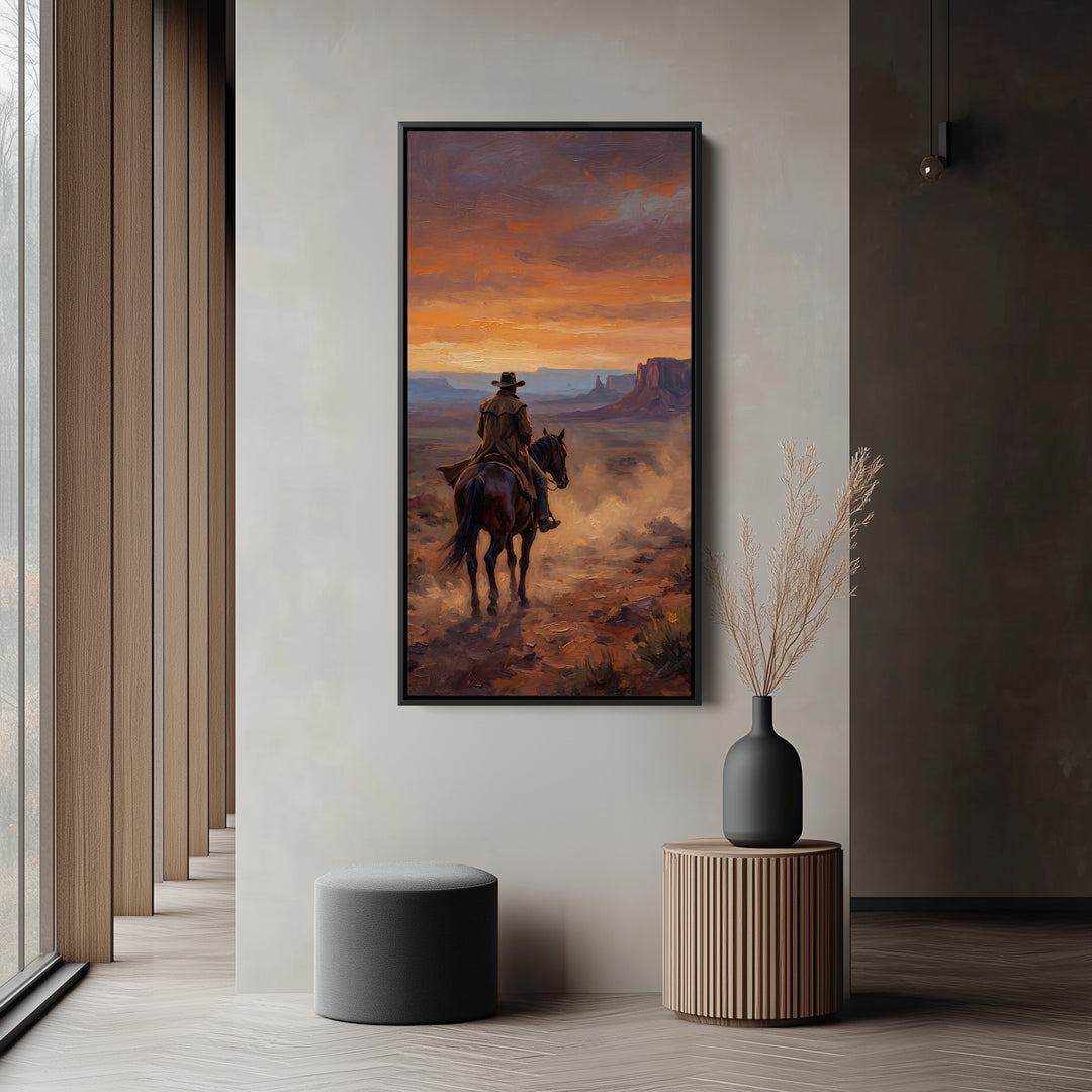 Tall Wall Art For Bedroom Cowboy On Horse At Sunset Vertical Canvas