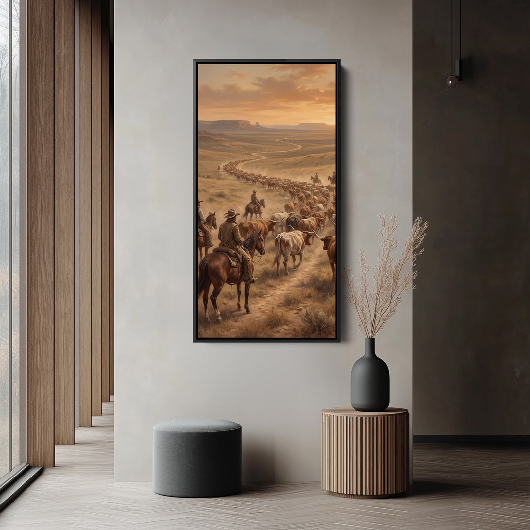 Large Vertical Wall Art Tall Framed Canvas Cattle Drive With Cowboys For Hallway