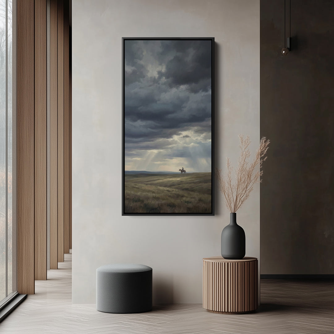 Storm Clouds With Lone Rider Tall Wall Art Framed Canvas Print For Office