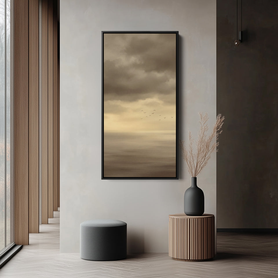 Tall Framed Canvas Foggy Seascape With Birds Tall Canvas For Living Room