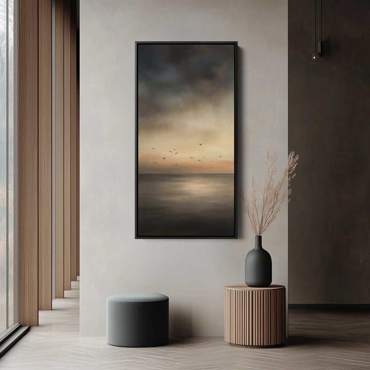 Dark Seascape Birds Sunset Long Wall Art Framed Canvas Print For Bedroom