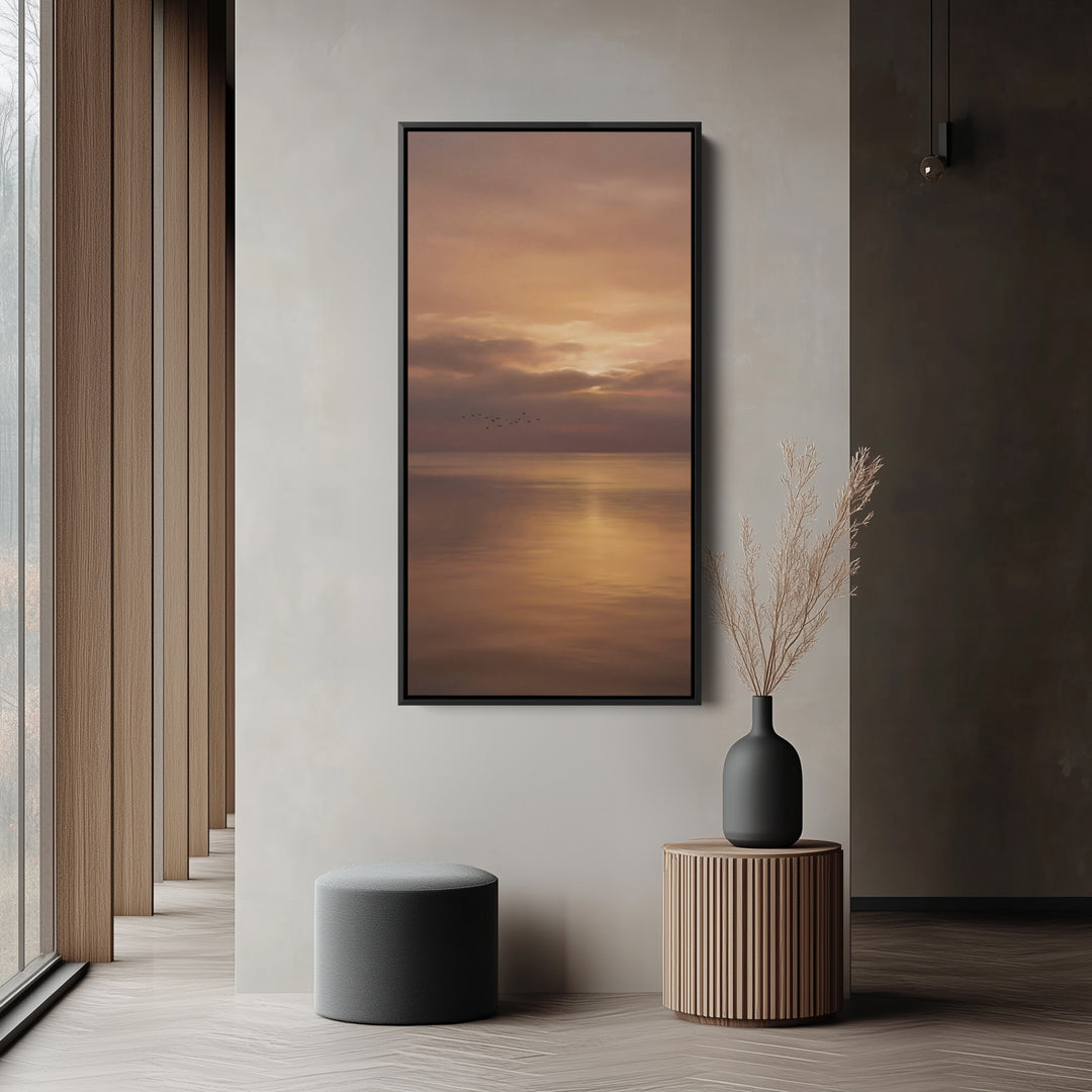 Vertical Wall Art Golden Ocean Sunset Reflection Large Vertical Wall Art For Hallway