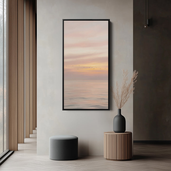 Narrow Wall Art For Office Pastel Seascape With Birds Vertical Canvas