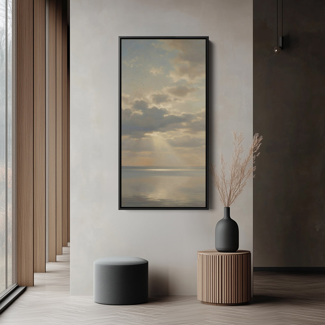 Tall Framed Canvas For Office Sun Rays Over Calm Sea Vertical Canvas