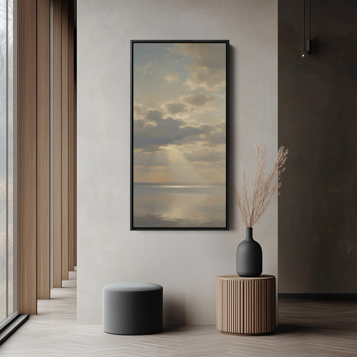 Tall Framed Canvas For Office Sun Rays Over Calm Sea Vertical Canvas