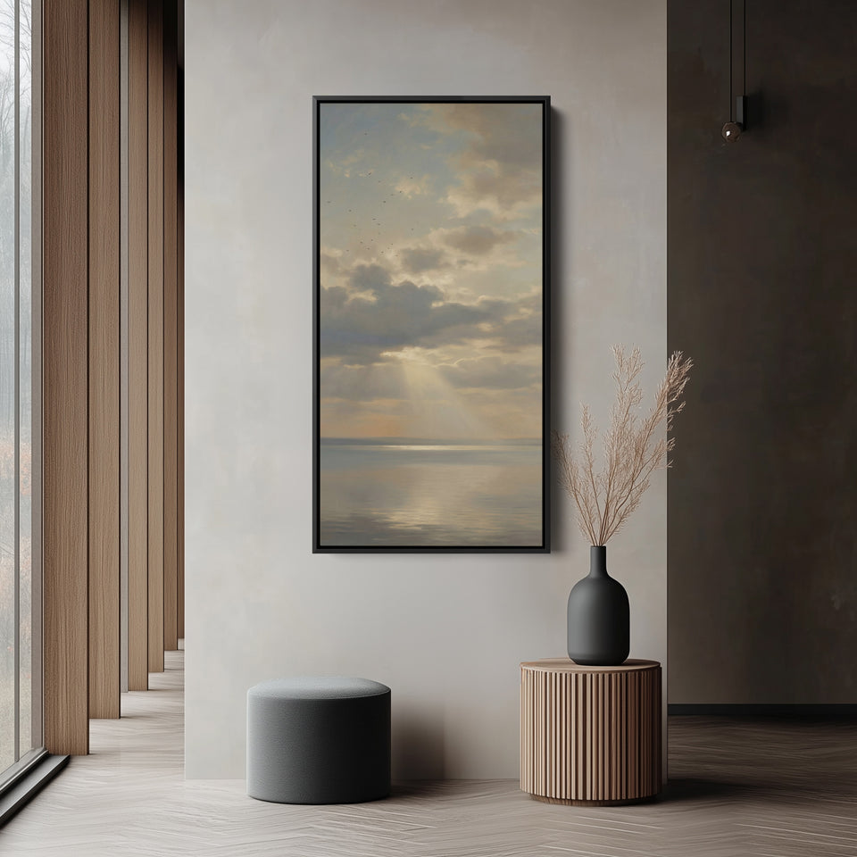 Tall Framed Canvas For Office Sun Rays Over Calm Sea Vertical Canvas